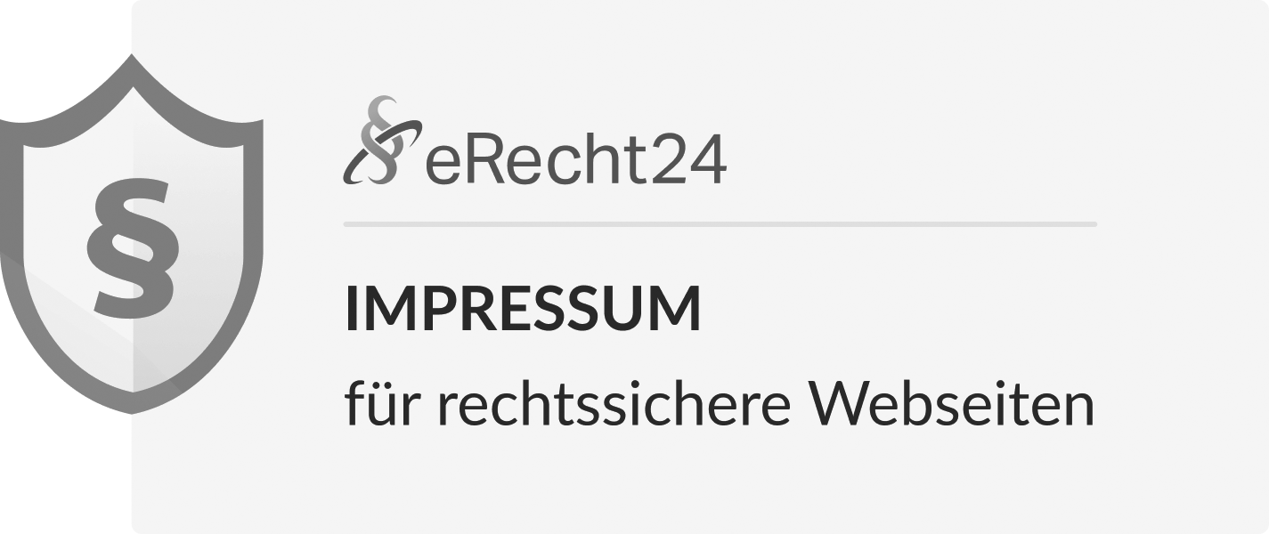 Schwarz weißes Impressum Siegel für rechtssichere Webseiten von eRecht24 vom des KREATIVSTUDIO München als Qualitätssymbol